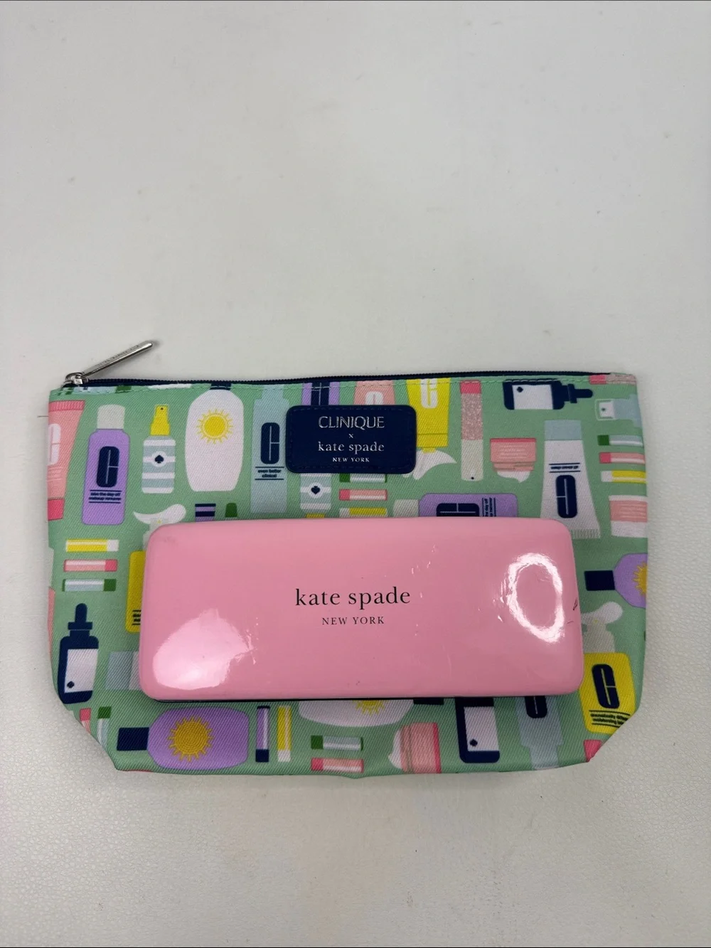kate spade Green Printed Cosmetic Pouch & Pink Kate Spade Sunglasses Case set